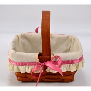 Longaberger Vintage 1989 Basket‎ With Attached Handle Liner Pink Ribbon